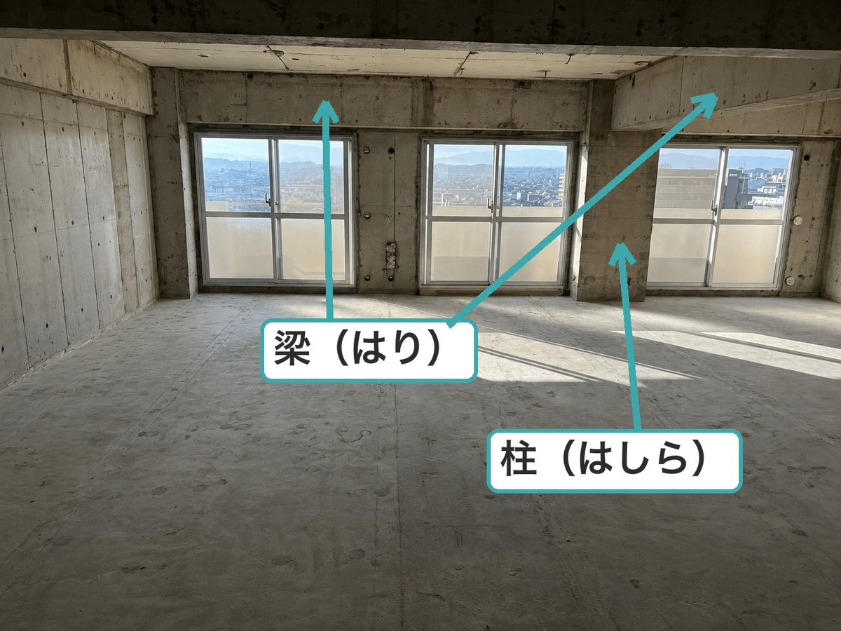天井の近くを横に通る太いコンクリートが梁、窓と窓の間の太い四角が柱