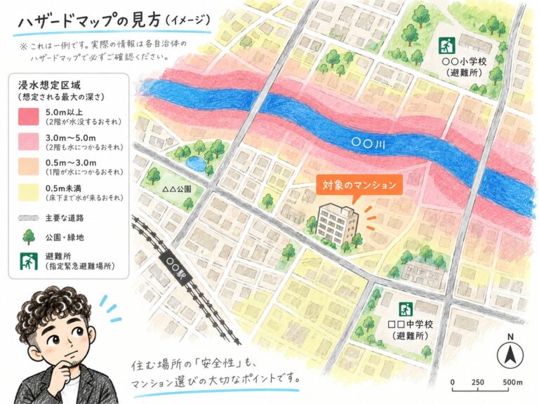 ハザードマップの見方のイメージ図。川のまわりが浸水の深さごとに色分けされ、対象のマンション・避難所・駅が描かれている。実在の町の地図ではない