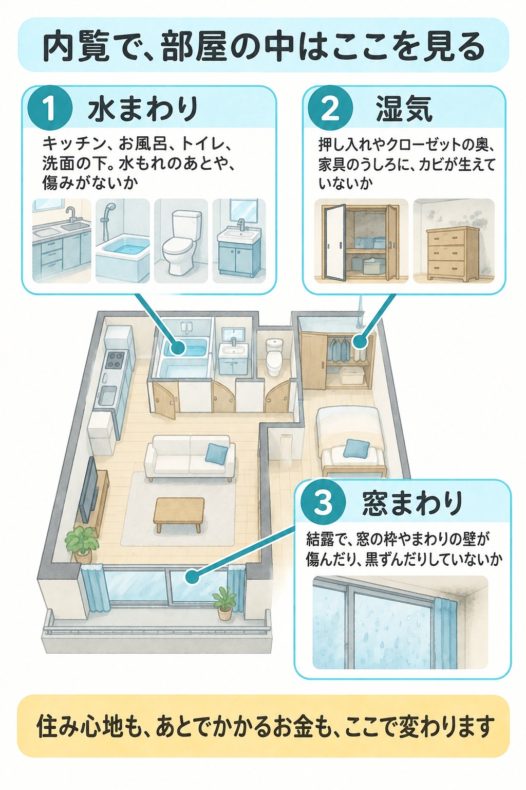 マンションの1部屋の間取りの絵に、内覧で見る3か所を示した図。1 水まわり:キッチン、お風呂、トイレ、洗面の下。水もれのあとや、傷みがないか。2 湿気:押し入れやクローゼットの奥、家具のうしろに、カビが生えていないか。3 窓まわり:結露で、窓の枠やまわりの壁が傷んだり、黒ずんだりしていないか。住み心地も、あとでかかるお金も、ここで変わる