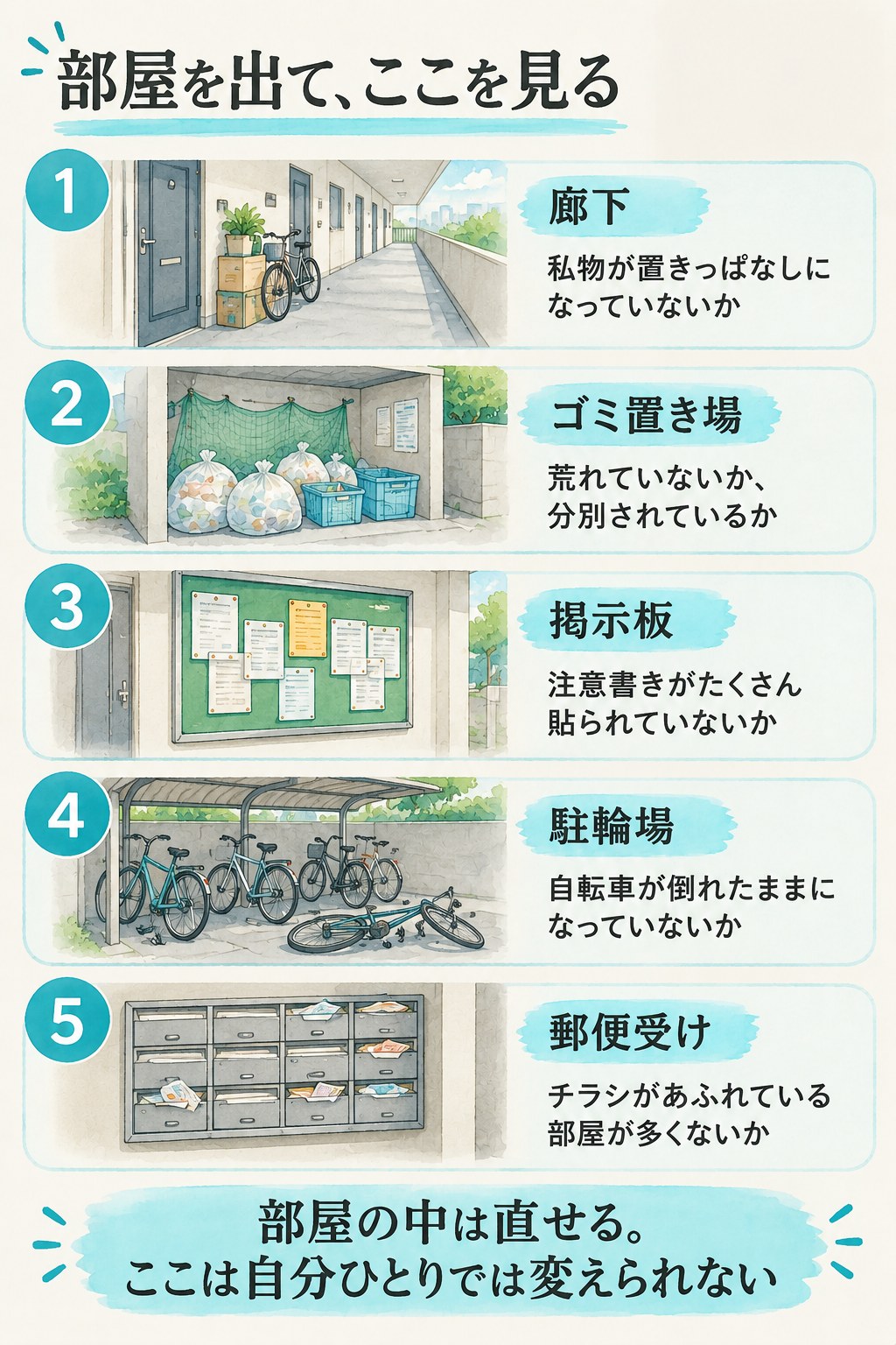部屋を出て見る5か所の図。1 廊下:私物が置きっぱなしになっていないか。2 ゴミ置き場:荒れていないか、分別されているか。3 掲示板:注意書きがたくさん貼られていないか。4 駐輪場:自転車が倒れたままになっていないか。5 郵便受け:チラシがあふれている部屋が多くないか。部屋の中は直せる。ここは自分ひとりでは変えられない