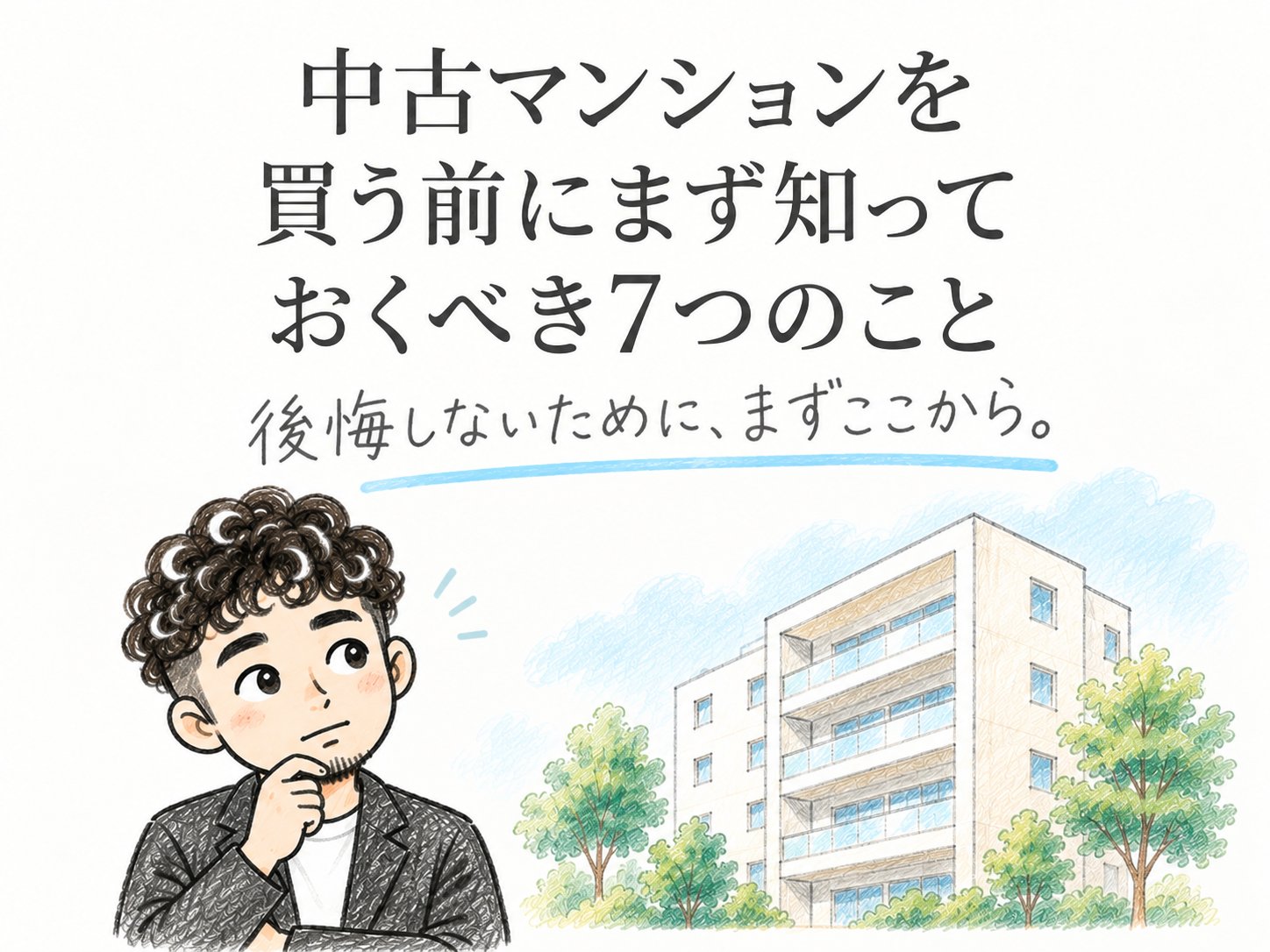 中古マンションを買う前にまず知っておくべき7つのこと。後悔しないために、まずここから。あごに手を当てて考えるしんちゃんとマンションのイラスト