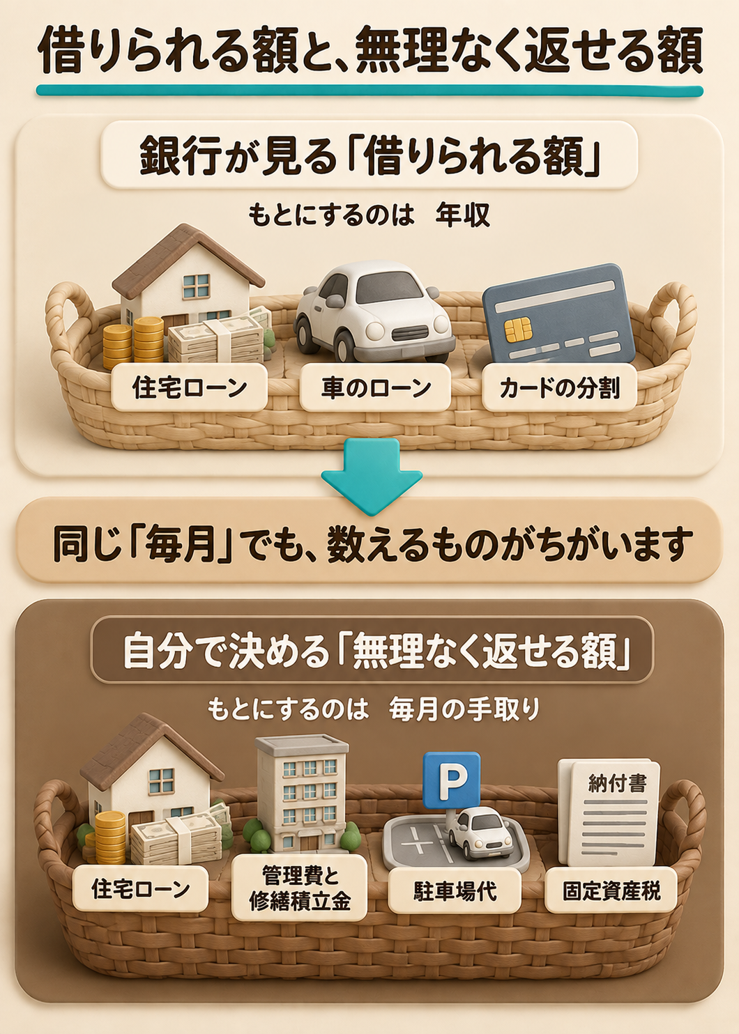 「借りられる額」と「無理なく返せる額」のちがいを、2つのカゴで示した図。上は銀行が見る「借りられる額」で、もとにするのは年収。カゴには住宅ローン・車のローン・カードの分割が入っている。下は自分で決める「無理なく返せる額」で、もとにするのは毎月の手取り。カゴには住宅ローン・管理費と修繕積立金・駐車場代・固定資産税が入っている